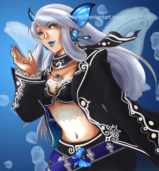 1girl, blue_eyes, bug, butterfly, female_focus, insect, kof:_maximum_impact, long_hair, luise_meyrink, nail_polish, nokomento, silver_hair, snk, solo, the_king_of_fighters, watermark, web_address