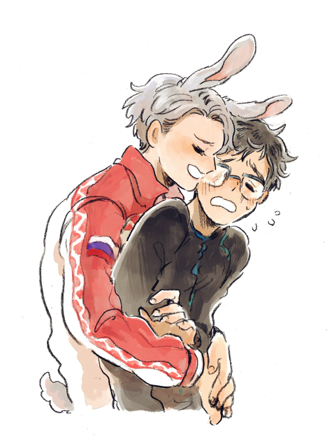 10s, 2boys, animal_ears, bad_id, bad_pixiv_id, black_hair, blue-framed_eyewear, rabbit_ears