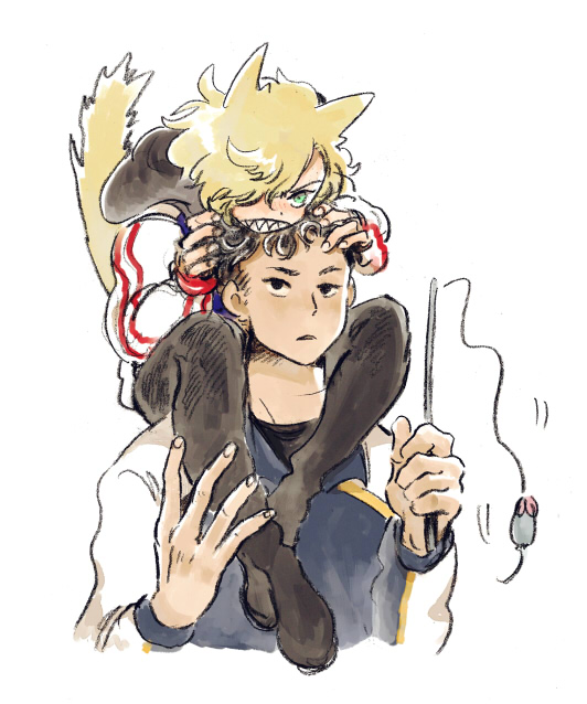 10s, 2boys, animal_ears, bad_id, bad_pixiv_id, black_hair, blonde_hair, carrying