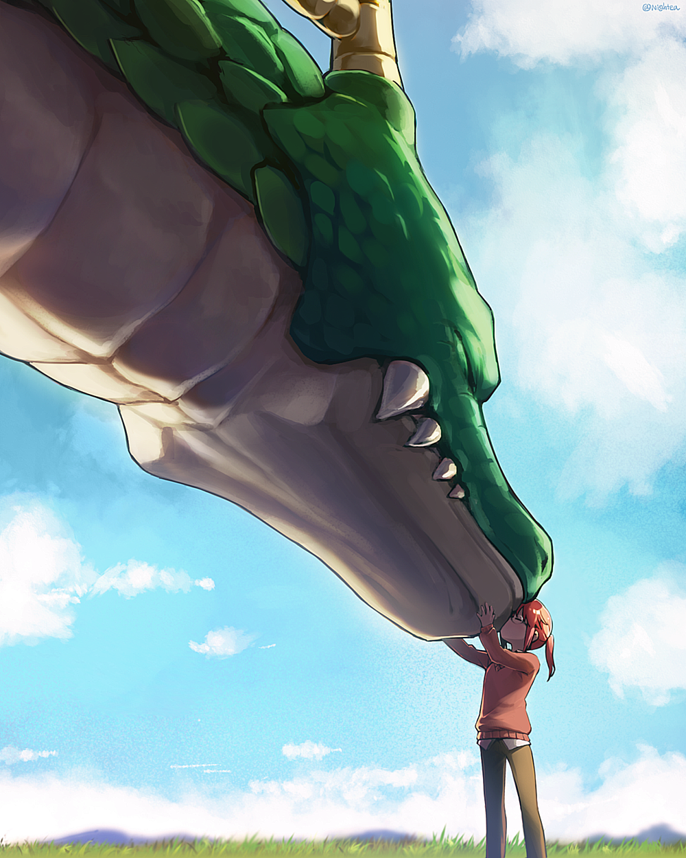 10s, 2girls, alternate_form, cloud, cloudy_sky, commentary_request, day, dragon