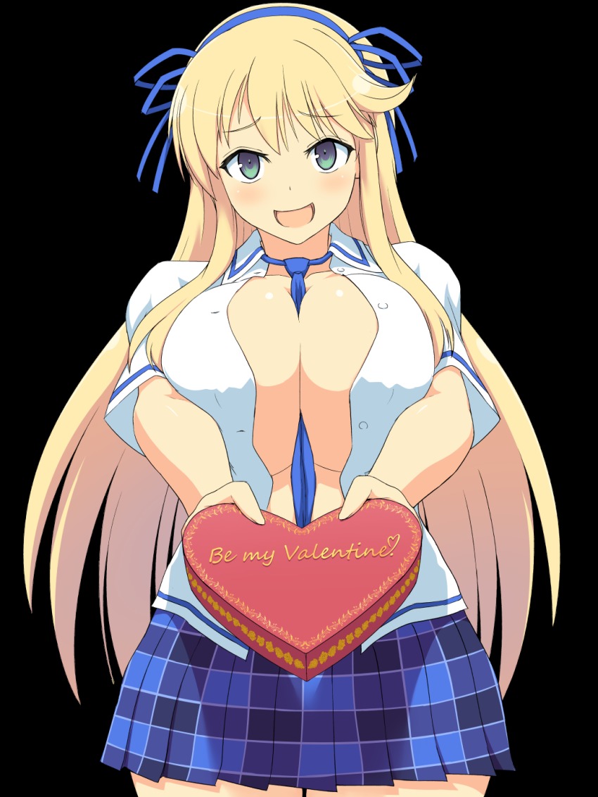 10s, 1girl, :d, aqua_eyes, between_breasts, blonde_hair, blue_necktie, blue_ribbon, blush, breasts, candy, chocolate, chocolate_heart, cowboy_shot, female_focus, food, foreshortening, green_eyes, hair_ribbon, heart, highres, holding, incoming_gift, jadf, katsuragi_(senran_kagura), large_breasts, long_hair, looking_at_viewer, necktie, necktie_between_breasts, no_bra, open_clothes, open_mouth, open_shirt, plaid_clothes, plaid_skirt, ribbon, senran_kagura, shirt, short_sleeves, skirt, smile, solo, transparent_background, unbuttoned, unbuttoned_shirt, valentine