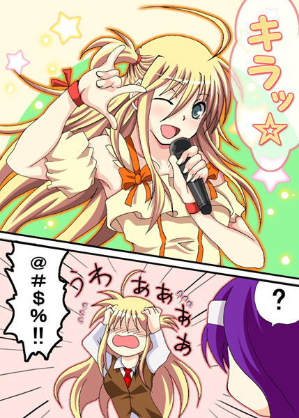 \m/, ahoge, arisa_bunnings, blonde_hair, kose, long_hair, lyrical_nanoha, mahou_shoujo_lyrical_nanoha
