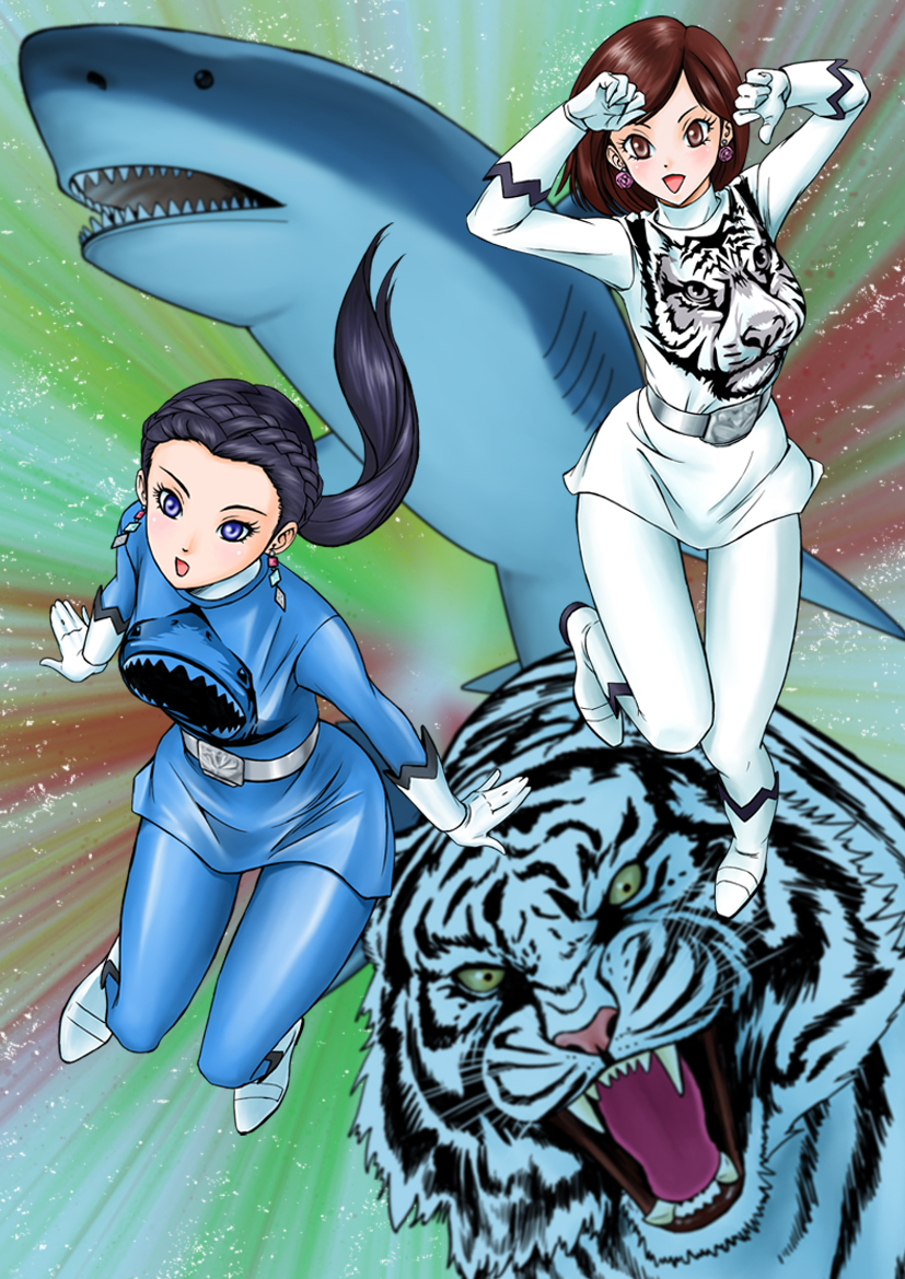 2girls, accessories, amu_(doubutsu_sentai_zyuohger), brown_eyes, brown_hair, doubutsu_sentai_zyuohger, earrings, long_hair, multiple_girls, ponytail, sela_(doubutsu_sentai_zyuohger), shark, short_hair, super_sentai, tiger, zyuoh_shark, zyuoh_tiger