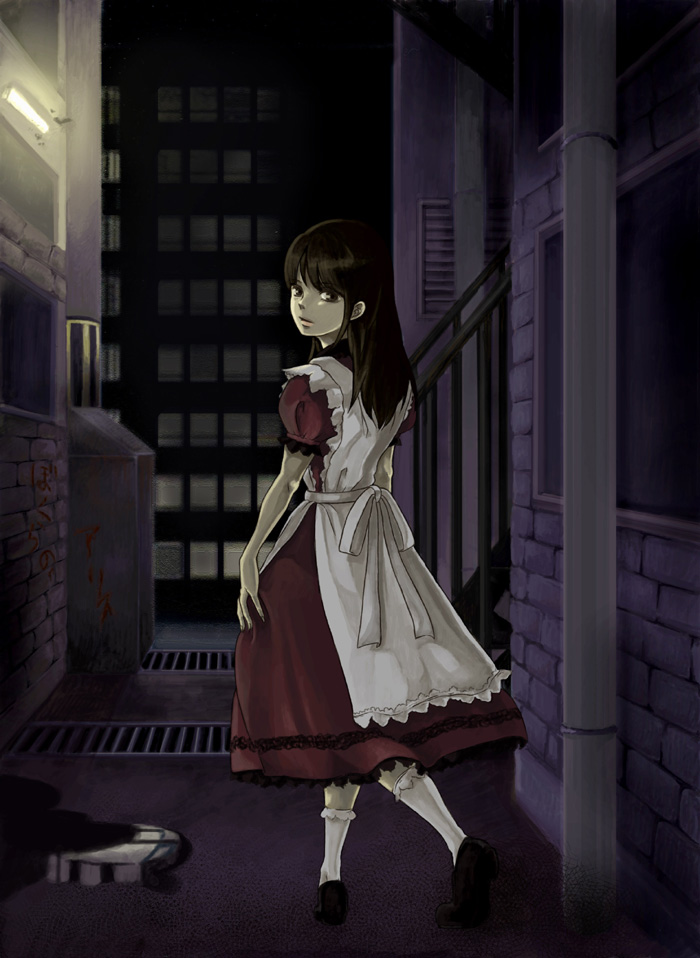 alice_(alice_in_wonderland), alice's_adventures_in_wonderland, apron, brown_eyes, brown_hair, city, dress, lace, noja, socks, solo, yugami_no_kuni_no_alice