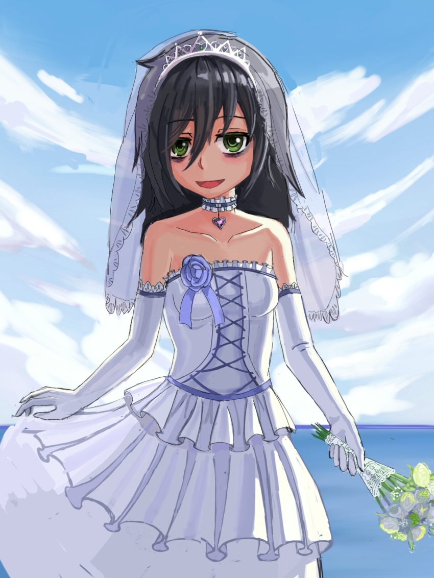 10s, 1girl, bags_under_eyes, bare_shoulders, black_hair, breasts, choker, dress, elbow_gloves, flower, gloves, green_eyes, highres, kafkasea, kuroki_tomoko, long_hair, watashi_ga_motenai_no_wa_dou_kangaetemo_omaera_ga_warui!, wedding_dress