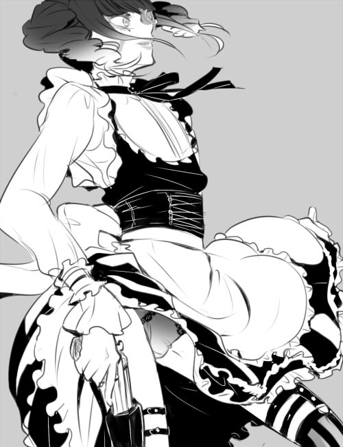1boy, apron, bad_id, bad_pixiv_id, bulge, crossdressing, crossdressing_(mtf), drill_hair, frills, from_side, gothic_lolita, greyscale, gun, holster, lolita_fashion, long_sleeves, maid, maid_apron, male_focus, male_maid, monochrome, nanashi_(megami_tensei), panties, ribbon, shabazou, shin_megami_tensei, shin_megami_tensei_iv, shin_megami_tensei_iv_final, solo, striped_clothes, striped_thighhighs, tattoo, thigh_holster, thighhighs, trap, twin_drills, underwear, weapon