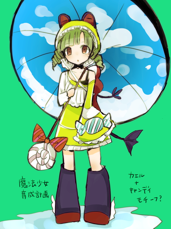 10s, 1girl, blonde_hair, boots, candy, character_request, child, drill_hair, facing_viewer, female_focus, food, full_body, green_background, looking_at_viewer, mahou_shoujo_ikusei_keikaku, mahou_shoujo_ikusei_keikaku_jokers, partially_translated, puddle, simple_background, solo, standing, tagme, thi_fure, thifure, translation_request, twin_drills, umbrain, umbrella