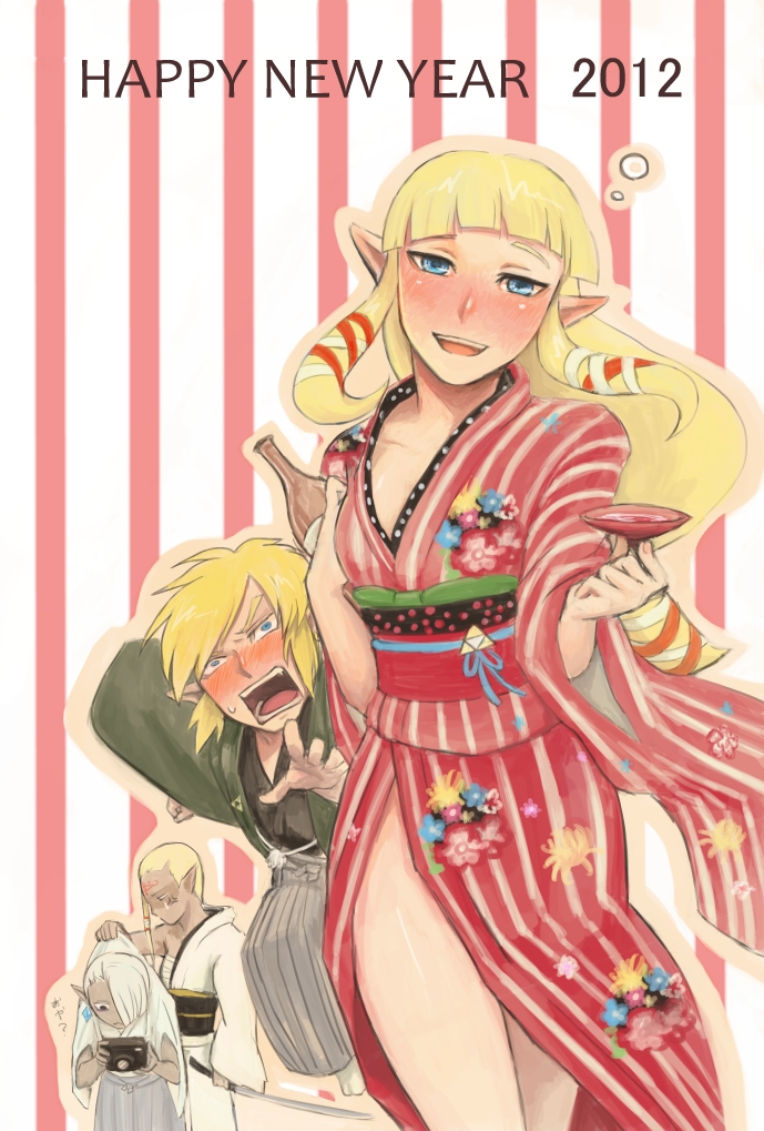 1girl, 2boys, alcohol, bandages, blonde_hair, blue_eyes, bottle, braid, camera, drunk, ghirahim, gloves, goma_tonbi, hat, impa, japanese_clothes, kimono, link, long_hair, mask, multiple_boys, nintendo, pointy_ears, princess_zelda, red_eyes, sake, smile, sword, the_legend_of_zelda, the_legend_of_zelda:_skyward_sword, traditional_clothing, weapon, yukata