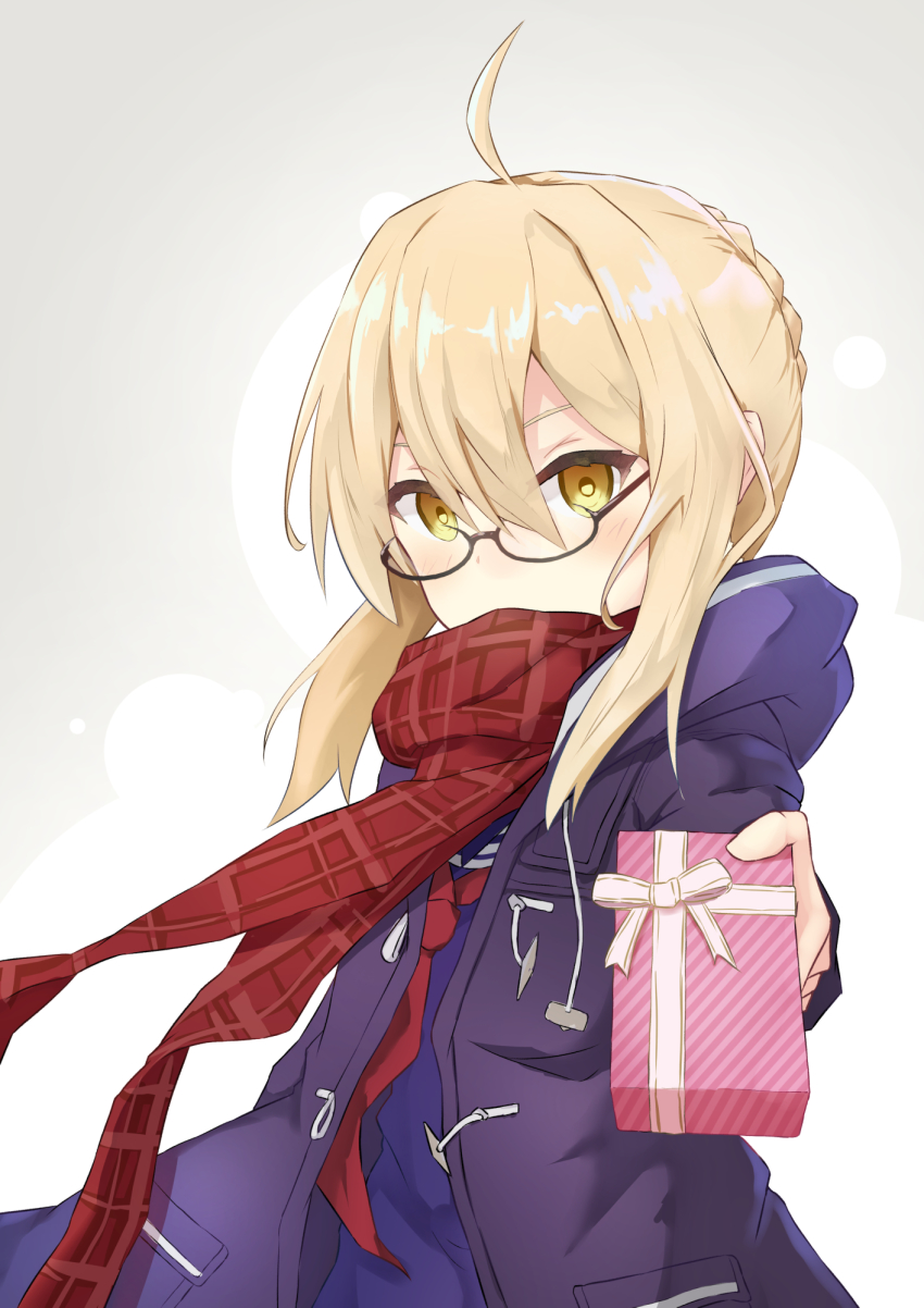 1girl, ahoge, artoria_pendragon_(fate), black-framed_eyewear, blush, braid, checkered_clothes, checkered_scarf, coat, covered_mouth, duffel_coat, fate/grand_order, fate_(series), female_focus, gift, glasses, grey_background, hair_between_eyes, highres, holding, holding_gift, holding_out, incoming_gift, kyoubu, looking_at_viewer, mysterious_heroine_x_alter_(fate), mysterious_heroine_x_alter_(first_ascension)_(fate), neckerchief, red_neckerchief, red_scarf, religious_offering, saber_(fate), scarf, school_uniform, semi-rimless_eyewear, serafuku, short_hair_with_long_locks, sidelocks, simple_background, solo, under-rim_eyewear, upper_body, valentine