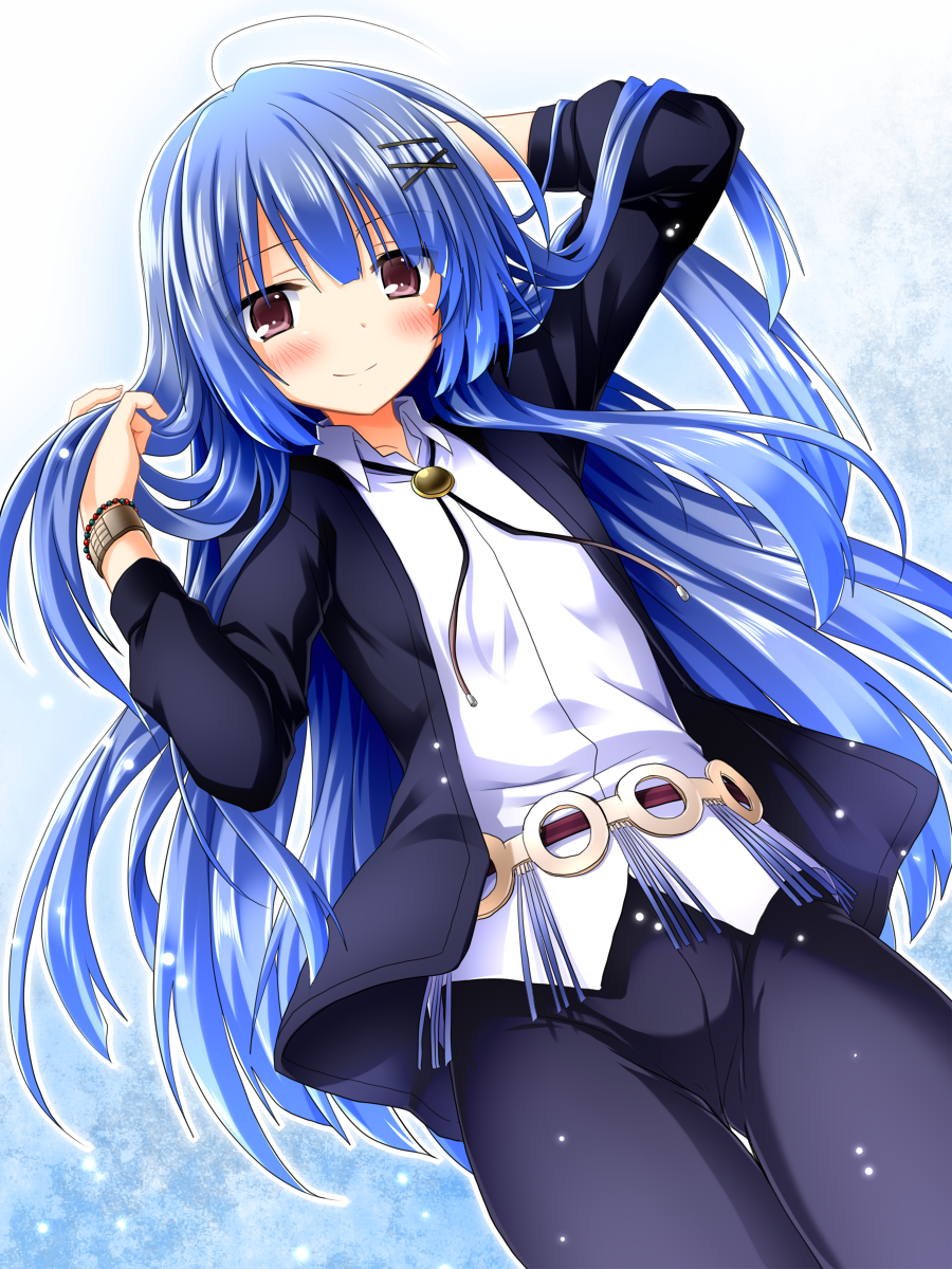 1boy, ahoge, blue_hair, bolo_tie, bulge, green_eyes, hair_ornament, highres
