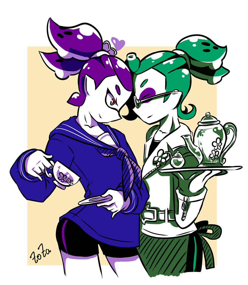 2boys, apron, beauty_(zoza), cowboy_shot, cup, from_side, girly_boy, glasses