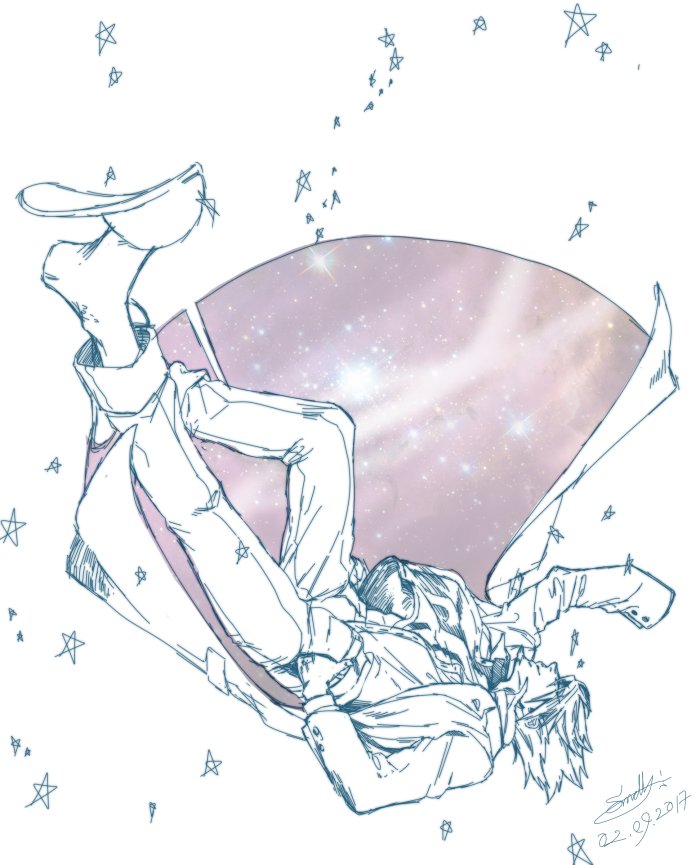 10s, barefoot, beard, blazer, closed_eyes, crease, danganronpa_(series), danganronpa_v3:_killing_harmony, facial_hair, falling, galaxy_print, goatee, hair_between_eyes, jacket, jacket_on_shoulders, long_sleeves, loose_clothes, male_focus, midair, momota_kaito, open_clothes, open_jacket, pants, parted_lips, scan, school_uniform, shirt, simple_background, slippers, smelly., smile, solo, space_print, spiked_hair, star_(symbol), star_symbol_background, starry_sky_print