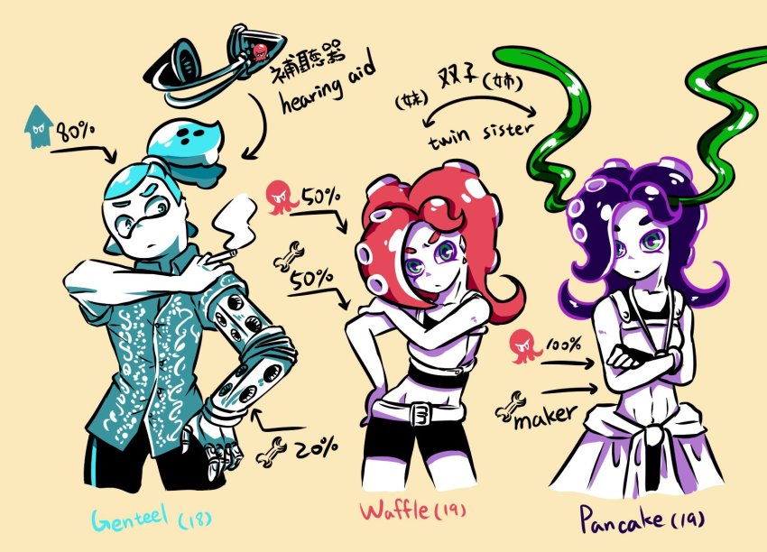 1boy, 2girls, aqua_eyes, aqua_hair, arm_grab, armor, belt, black_hair