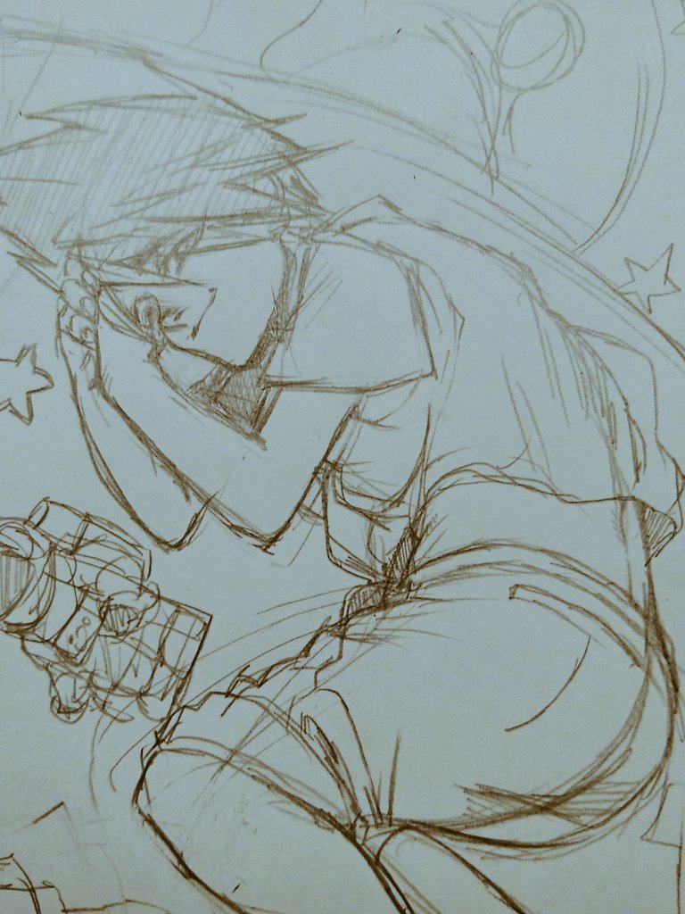 10s, 1boy, astronaut, danganronpa_(series), graphite_(medium), looking_at_viewer, loose_clothes, lying, male_focus, momota_kaito, danganronpa_v3:_killing_harmony, on_side, rocket, shirt, shorts, simple_background, smelly., smile, solo, spiked_hair, star_(symbol), t-shirt, traditional_media, aged_down