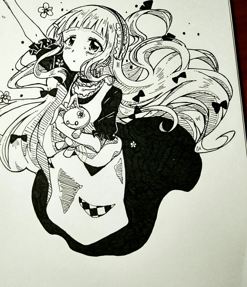 10s, 1girl, female_focus, hardgore_alice, highres, mahou_shoujo_ikusei_keikaku, mahou_shoujo_ikusei_keikaku_unmarked, monochrome