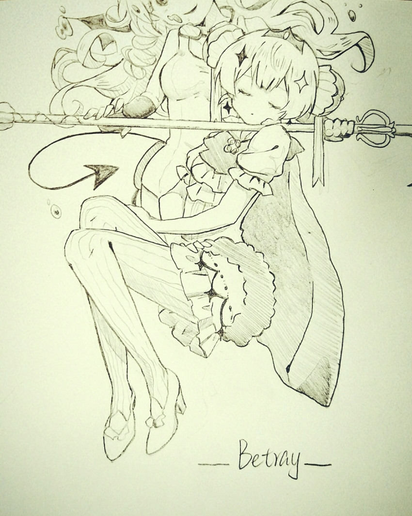 10s, 2girls, english_text, closed_eyes, highres, mahou_shoujo_ikusei_keikaku, mahou_shoujo_ikusei_keikaku_unmarked, monochrome