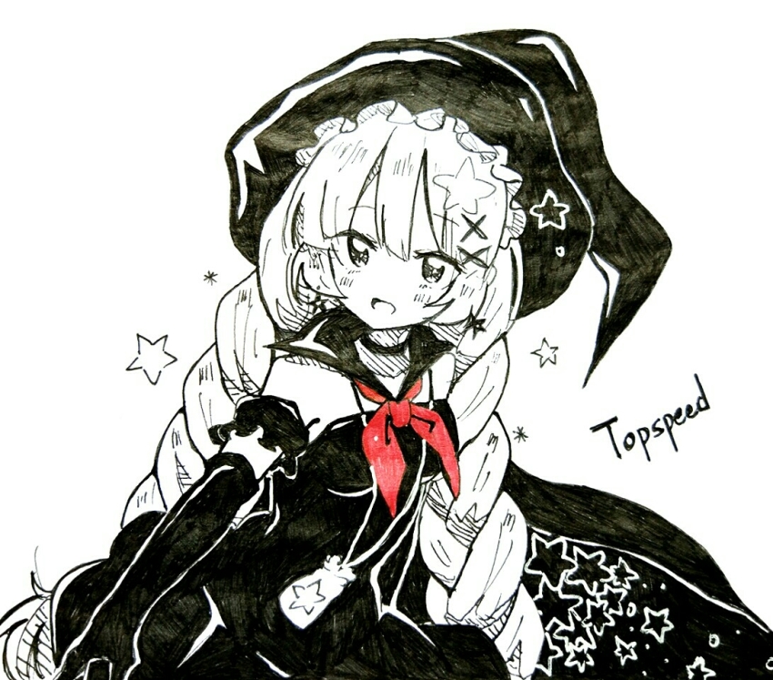 10s, 1girl, character_name, female_focus, gloves, hat, mahou_shoujo_ikusei_keikaku, mahou_shoujo_ikusei_keikaku_unmarked, monochrome, sakimaru_(mahoiku), solo, spot_color, star_(symbol), top_speed, traditional_media, witch_hat