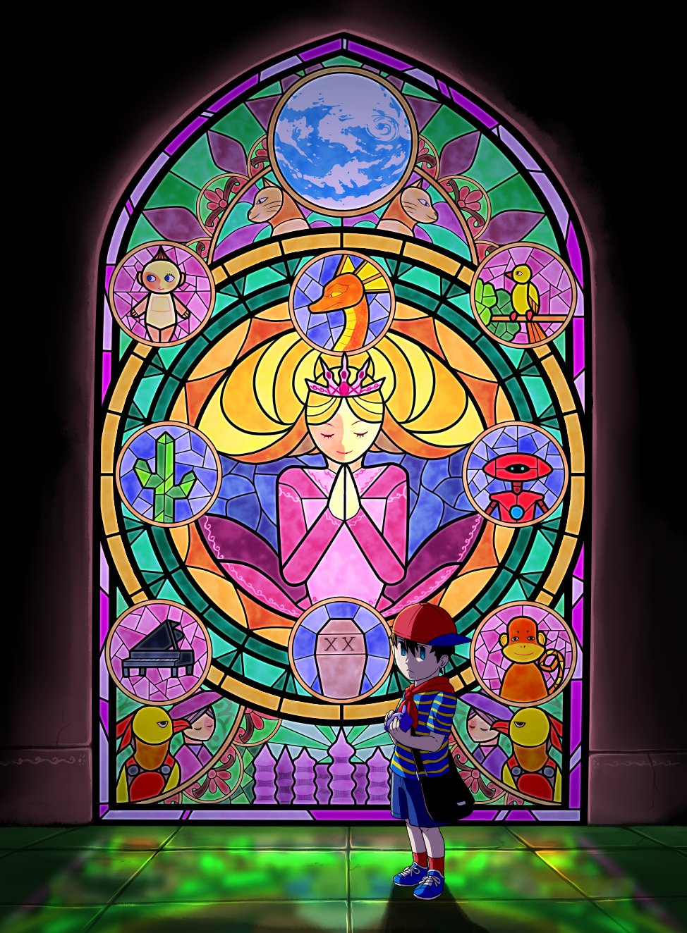 1boy, bag, black_hair, blue_eyes, cactus, doll, eve_(mother), highres