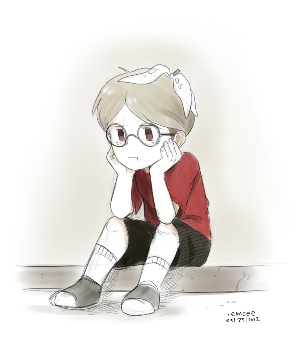 1boy, 2012, artist_name, banana_peel, brown_eyes, dated, full_body, glasses