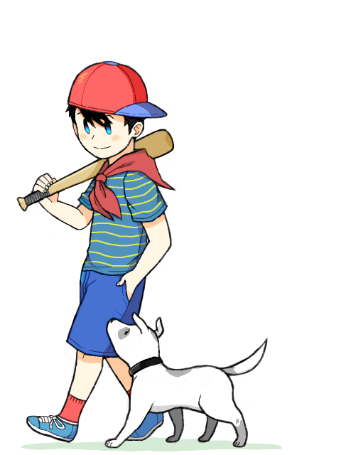 1boy, baseball_bat, black_hair, blue_eyes, blush_stickers, dog, hand_in_pocket, male_focus