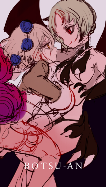 10s, 2girls, battle, cranberry_(mahoiku), eye_contact, flower, horns, interlocked_fingers, light_smile, looking_at_another, mahou_shoujo_ikusei_keikaku, mahou_shoujo_ikusei_keikaku_limited, mahou_shoujo_ikusei_keikaku_unmarked, maou_pam, maruino, multiple_girls, official_art, red_eyes, rose, short_hair, sketch