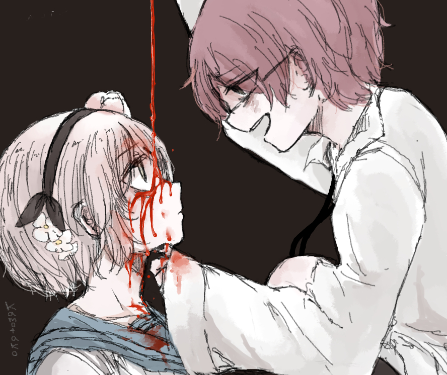 10s, 2girls, blood, eye_contact, gamo_tako, grabbing_another's_chin, hand_on_another's_chin, keek, looking_at_another, mahou_shoujo_ikusei_keikaku, mahou_shoujo_ikusei_keikaku_restart, multiple_girls, pouring, short_hair, snow_white_(mahoiku), tea