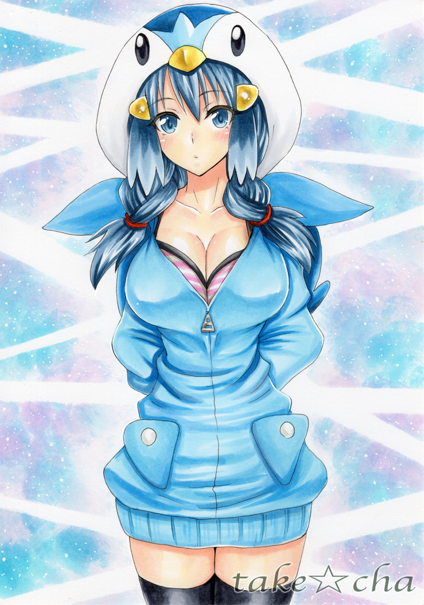 1girl, alternate_costume, alternate_hairstyle, animal_costume, arms_behind_back, artist_name, black_thighhighs, blue_eyes, blue_hair, blush, breasts, cleavage, collarbone, commentary_request, cosplay, dawn_(pokemon), female_focus, gen_4_pokemon, hair_between_eyes, highres, large_breasts, long_sleeves, looking_at_viewer, low_twintails, nintendo, piplup, piplup_(cosplay), pokemon, solo, takecha, thighhighs, twintails, unzipped, zettai_ryouiki