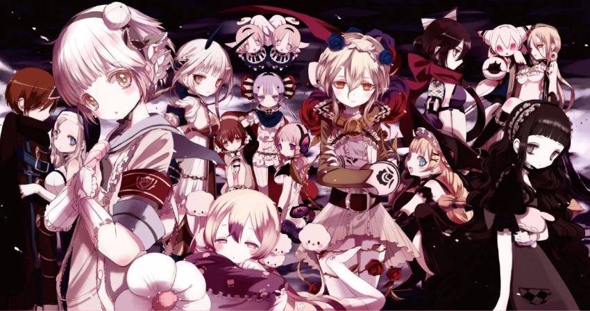 +_+, 10s, 6+girls, :d, black_hair, blonde_hair, blush, bow