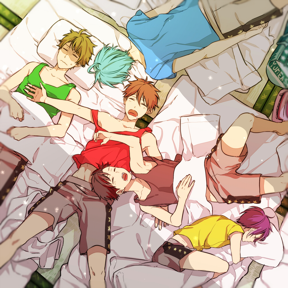 10s, 5boys, black_hair, blue_hair, brown_hair, dakimakura_(object), drooling, ensemble_stars!