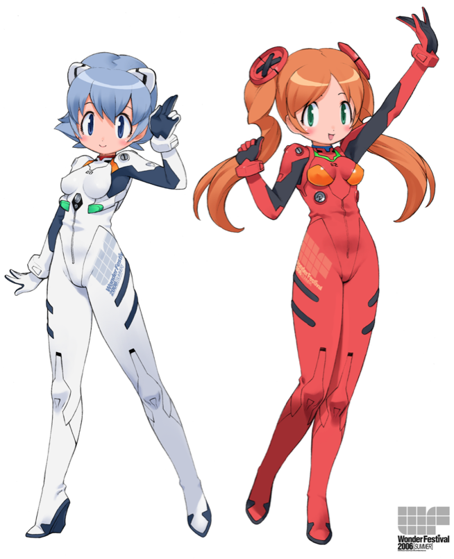 2006, 2girls, :d, arm_at_side, arm_up, ayanami_rei, ayanami_rei_(cosplay), blue_eyes