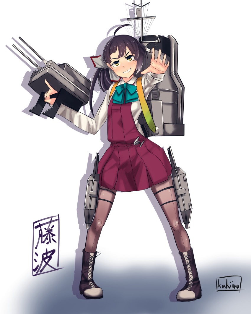 10s, 1girl, absurdres, ahoge, boots, bow, bowtie, character_name, dress, female_focus, fujinami_(kancolle), full_body, grey_hair, grin, hair_ribbon, highres, jacket, kakiiro_(takuya), kakiiro_wing, kantai_collection, lace-up_boots, long_hair, pantyhose, red_dress, ribbon, rigging, shadow, smile, solo, white_pantyhose, yellow_eyes