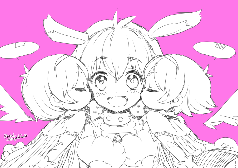 10s, 3girls, edoya_pochi, closed_eyes, girl_sandwich, happy, kiss, kissing_cheek