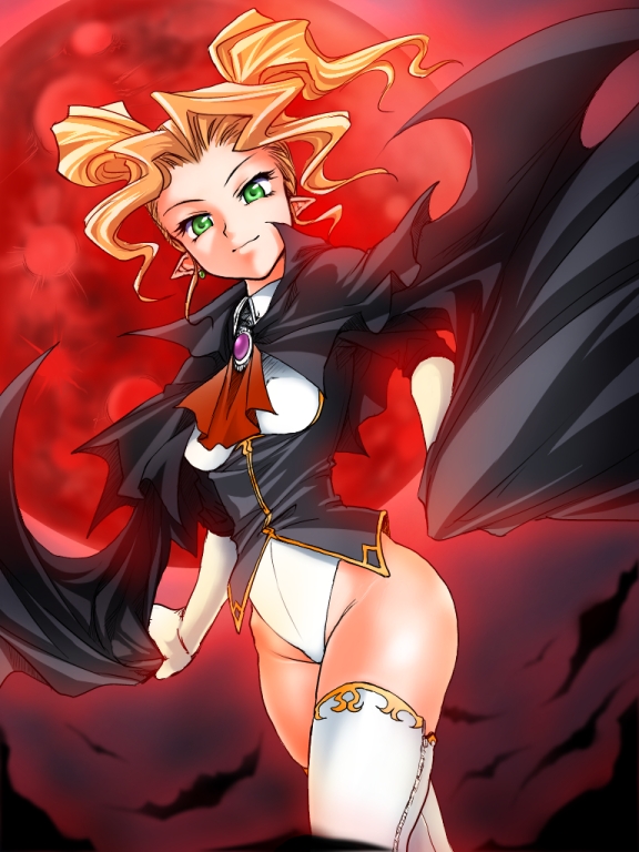 1girl, acis_(hawawani), bat_wings, blonde_hair, brooch, cape, commentary, cowboy_shot, elbow_gloves, female_focus, funnyari, gloves, green_eyes, highleg, highleg_leotard, jewelry, leotard, light_smile, looking_at_viewer, moon, original, pointy_ears, red_moon, solo, thighhighs, twintails, vampire, white_leotard, white_thighhighs, wings