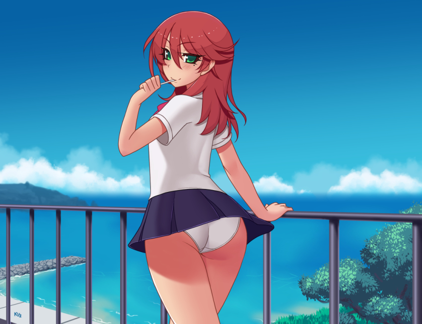 1girl, ass, blush, closed_mouth, cloud, cowboy_shot, day, eating