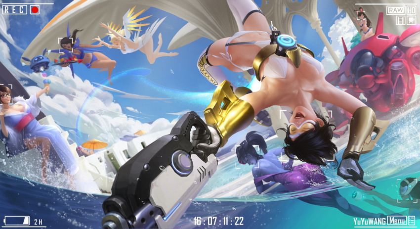 6+girls, ;d, adapted_costume, animal_ears, arm_cannon, armor, artist_name, ass, back, bare_shoulders, barefoot, beach_umbrella, bikini, black-framed_eyewear, black_gloves, black_hair, blizzard_(company), blonde_hair, blue-tinted_eyewear, blue_bikini, blue_sky, bodysuit, boots, breasts, breasts_apart, brown_eyes, brown_hair, chair, chest_harness, cleavage, closed_mouth, cloud, cloudy_sky, collarbone, colored_skin, commentary, cross-laced_clothes, cross-laced_footwear, cross-laced_legwear, d.va_(overwatch), dark-skinned_female, dark_skin, day, drone, earrings, fake_animal_ears, faulds, floating, food, forehead_jewel, frilled_bikini, frills, from_behind, fruit, gatling_gun, gauntlets, gloves, gun, hair_ornament, hair_tie, halo, handgun, harness, head-mounted_display, headgear, heart, heart-shaped_pupils, highres, holding, holding_gun, holding_weapon, ice_cream, ice_cream_cone, ivan_sevic, japanese_clothes, jetpack, jewelry, kimono, kneeling, large_breasts, lips, lipstick, long_hair, looking_at_viewer, looking_back, lounge_chair, lying, makeup, mecha, mechanical_halo, mechanical_wings, medium_breasts, mei_(overwatch), meka_(overwatch), mercy_(overwatch), midriff, multiple_girls, navel, off_shoulder, on_back, on_mecha, one-piece_swimsuit, one_eye_closed, open_mouth, orange-tinted_eyewear, overwatch, overwatch_1, partially_underwater_shot, pharah_(overwatch), pink_hair, ponytail, pool, poolside, purple_hair, purple_lips, purple_skin, rabbit_ears, recording, robot, salute, sash, shoes, short_hair, side-tie_bikini_bottom, side-tie_swimsuit, sitting, sky, sliced, smile, spiked_hair, splashing, spread_wings, swept_bangs, swimsuit, symbol-shaped_pupils, symmetra_(overwatch), teeth, thighhighs, thrusters, tinted_eyewear, tracer_(overwatch), umbrella, underwater, upside-down, vambraces, visor, water, water_drop, watermelon, waving, weapon, wet, wet_clothes, white_bikini, white_legwear, white_one-piece_swimsuit, widowmaker_(overwatch), wings, yellow_eyes, yukata, zarya_(overwatch)