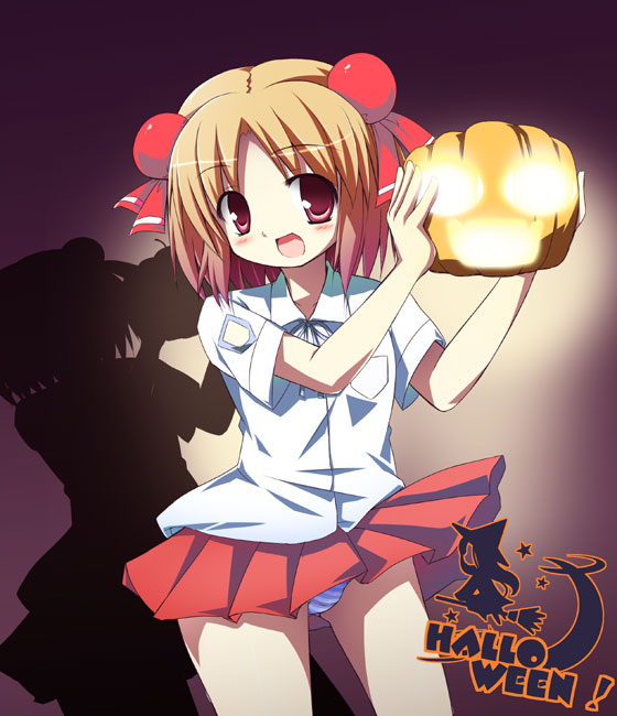 00s, 1girl, blonde_hair, blush, female_focus, hair_ornament, halloween, jack-o'-lantern, kemeko_deluxe, kobayashi_tamako, panties, pantyshot, pumpkin, purple_eyes, school_uniform, serafuku, shadow, short_hair, skirt, solo, striped_clothes, striped_panties, tekehiro, underwear, wind, wind_lift