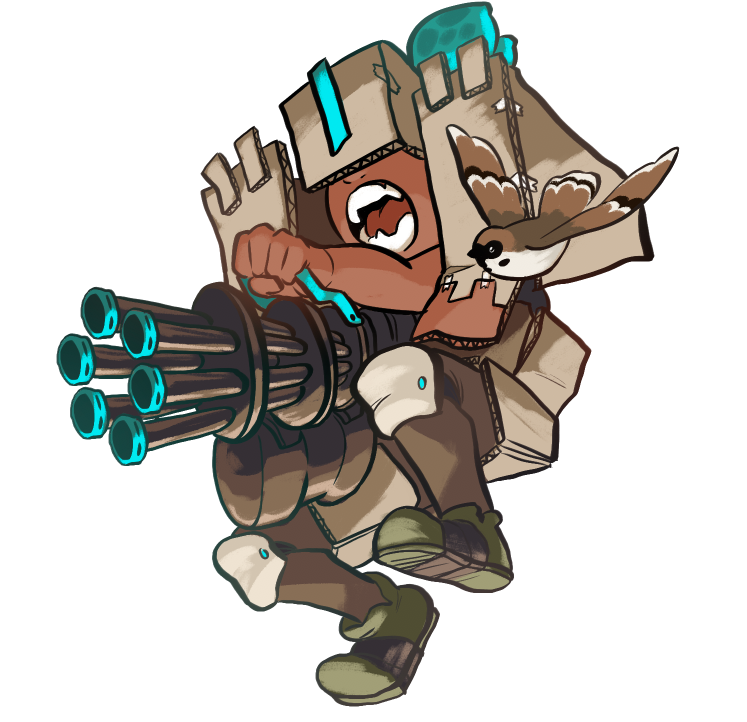 1boy, bastion_(overwatch), bastion_(overwatch)_(cosplay), bird, blue_hair, box, brown_pants, cardboard_box, commentary, cosplay, costume, funkgamut, ganymede_(overwatch), gatling_gun, green_footwear, gun, holding, holding_weapon, inkling_player_character, knee_pads, nintendo, open_mouth, overwatch, overwatch_1, pants, pointy_ears, shoes, simple_background, splatoon_(series), splatoon_1, teeth, tentacle_hair, weapon, white_background
