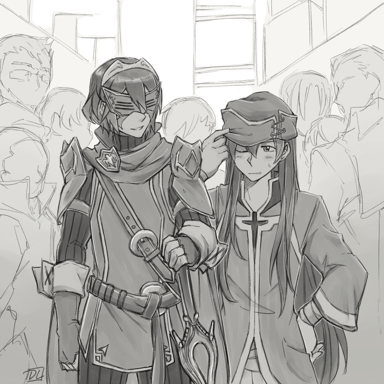 2girls, beret, cosplay, disguise, fire_emblem, fire_emblem:_the_sacred_stones, fire_emblem_awakening, greyscale