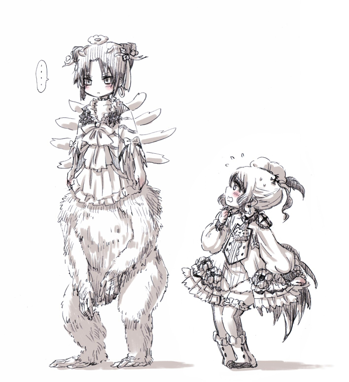 10s, 2girls, ape, bad_id, bad_pixiv_id, blush, clantail, flustered