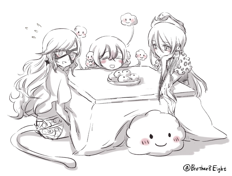 10s, 3girls, bad_id, bad_pixiv_id, calamity_mary, cloud, cowgirl_(western), kotatsu