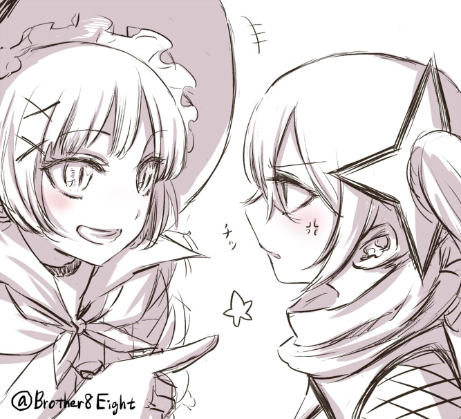 10s, 2girls, annoyed, bad_id, bad_pixiv_id, blush, eye_contact, laughing