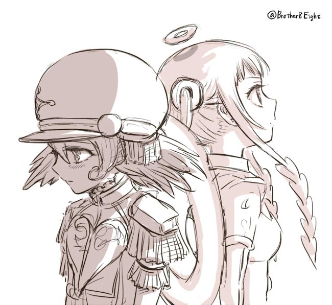 10s, 2girls, back-to-back, blush, halo, hat, mahou_shoujo_ikusei_keikaku, mahou_shoujo_ikusei_keikaku_limited