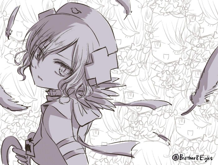 10s, 2girls, cross, eyepatch, feathers, greyscale, hat, looking_back