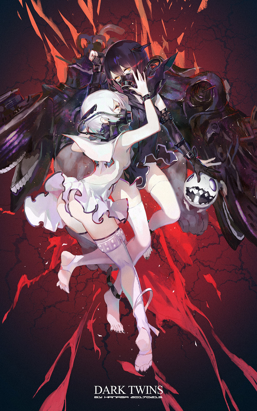 10s, 2017, 2girls, abyssal_ship, abyssal_twin_princess_(black), arm_belt, ass, back