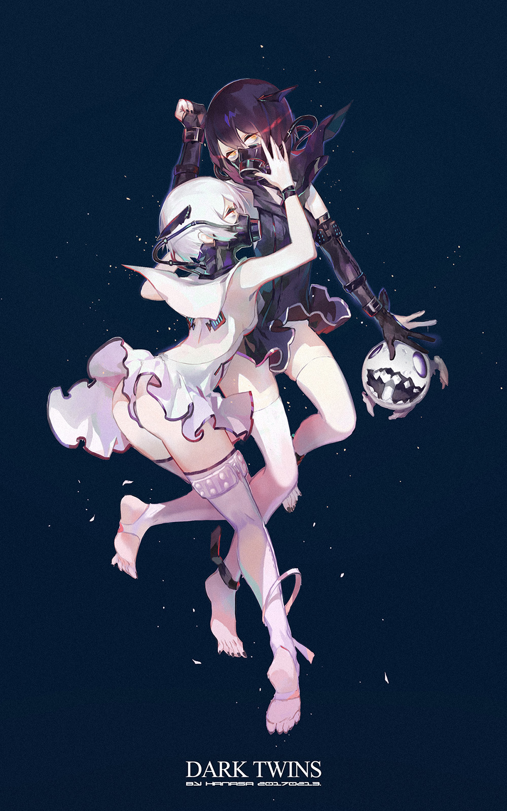 10s, 2017, 2girls, abyssal_ship, abyssal_twin_princess_(black), arm_belt, ass, back, backless_dress, backless_outfit, bags_under_eyes, bare_shoulders, black_dress, black_gloves, black_hair, black_nails, blue_background, breasts, cable, character_name, clenched_hand, clothes_lift, criin_(659503), dated, dress, dress_lift, eyelashes, gas_mask, gloves, hair_between_eyes, hand_up, headgear, highres, kantai_collection, light_particles, looking_at_viewer, mask, microdress, multiple_girls, nail_polish, night_strait_princess_(white), open_hands, oxygen_mask, pale_skin, partially_fingerless_gloves, rigging, sailor_collar, sailor_dress, siblings, sideboob, sideways_glance, sisters, sleeveless, sleeveless_dress, small_breasts, soles, thigh_strap, toeless_legwear, toes, twins, white_dress, white_hair, white_legwear, yellow_eyes, ||/