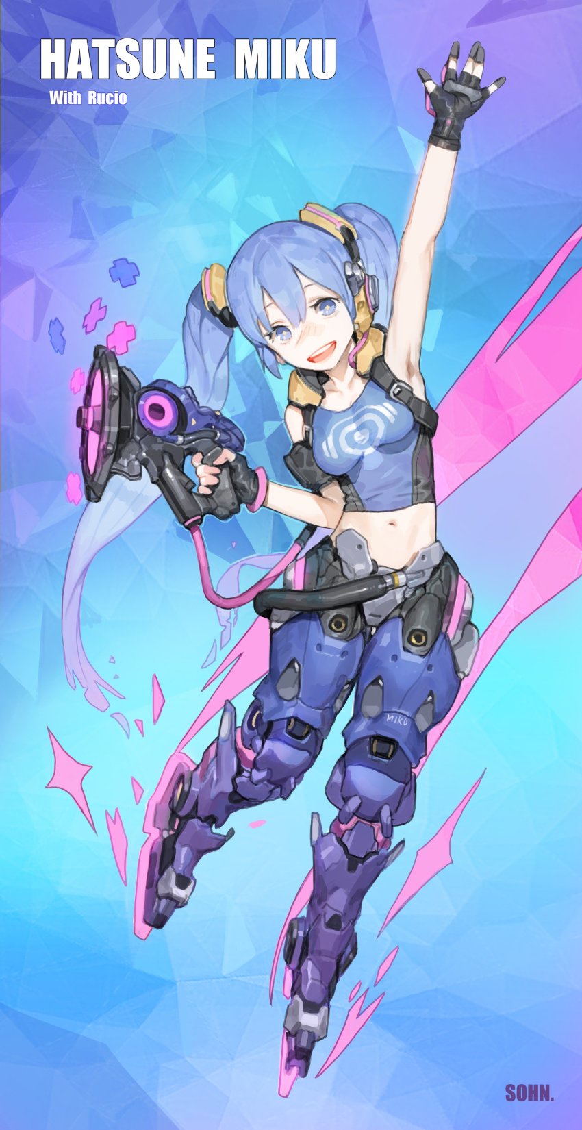 1girl, absurdres, arm_up, armpits, artist_name, bad_id, bad_twitter_id, bare_shoulders, black_gloves, blue_eyes, blue_hair, blue_shirt, bracer, breasts, character_name, commentary, cosplay, female_focus, finger_on_trigger, fingerless_gloves, full_body, gloves, gradient_hair, gun, hair_between_eyes, hair_ornament, hand_up, hatsune_miku, headphones, highres, holding, holding_gun, holding_weapon, hose, inline_skates, long_hair, looking_at_viewer, lucio_(overwatch), lucio_(overwatch)_(cosplay), medium_breasts, midriff, multicolored_hair, navel, open_mouth, overwatch, overwatch_1, purple_hair, roller_skates, shirt, skates, sleeveless, smile, sohn_woohyoung, solo, star-shaped_pupils, star_(symbol), stomach, symbol-shaped_pupils, tank_top, teeth, twintails, very_long_hair, vocaloid, waving, weapon