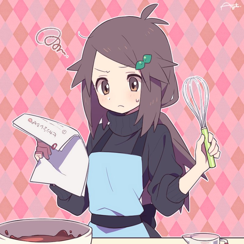 (agatha), 1girl, agata, agata_(agatha), alternate_costume, alternate_hairstyle, apron, arm_up, bad_id, bad_twitter_id, black_sweater, blush, brown_eyes, brown_hair, chocolate, cooking, female_focus, hair_ornament, hairpin, holding, holding_paper, leaf_(pokemon), long_hair, low_ponytail, mixer_(cooking), nintendo, paper, pink_background, plaid_background, pokemon, pokemon_firered_and_leafgreen, ponytail, solo, sweatdrop, sweater, table, turtleneck, turtleneck_sweater, valentine, whisk