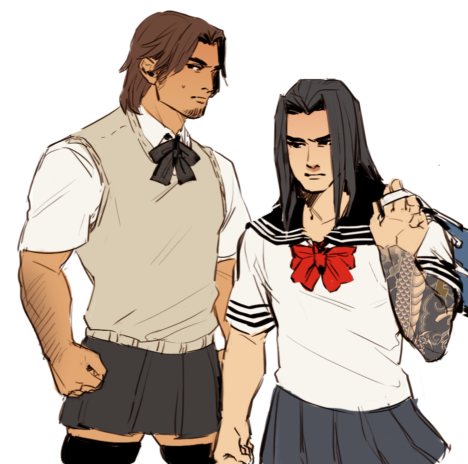 2boys, blush, body_hair, cassidy_(overwatch), francishsie, hanzo_(overwatch), male_focus, multiple_boys, overwatch, overwatch_1, school_uniform, skirt, tagme, tattoo