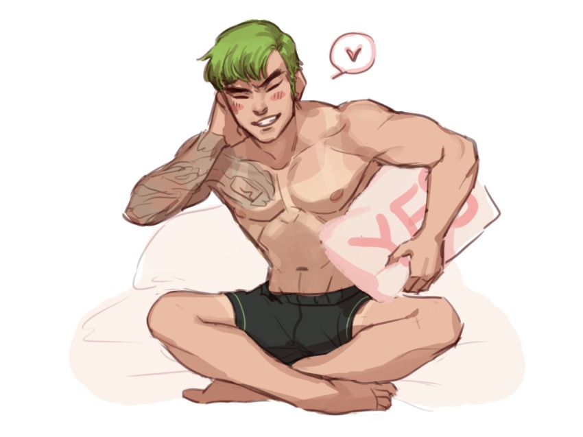 1boy, blush, francishsie, genji_(overwatch), green_hair, legs, male_focus, overwatch, overwatch_1, pillow, sitting, smile, tattoo, topless_male, underwear, waking_p