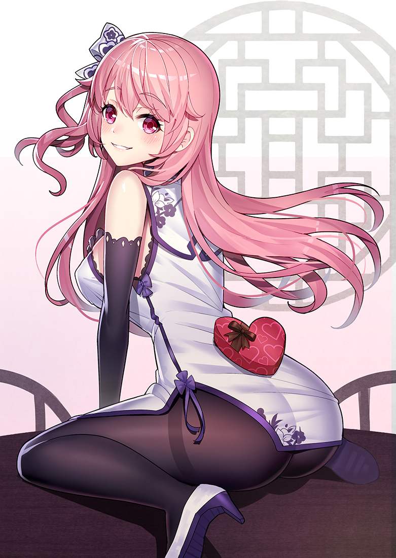 1girl, ass, back, bed, black_pantyhose, blush, bow, box